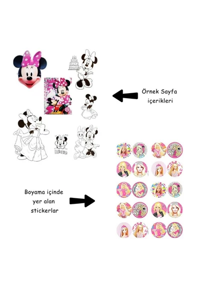 4'lü Bluey Karakterleri Mickey Mouse Barbie Min boyama kitabı seti(boyama, sticker, arka kapak maske) - 4