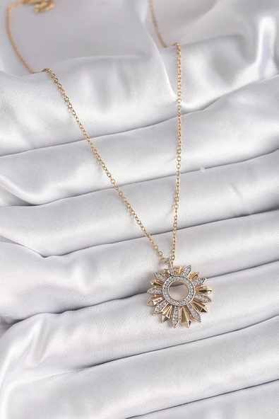 316L Çelik Gold Renk Zincir Zirkon Taşlı Mix Renk Güneş Model Kadın Kolye - TJ-BKO9477 - 2