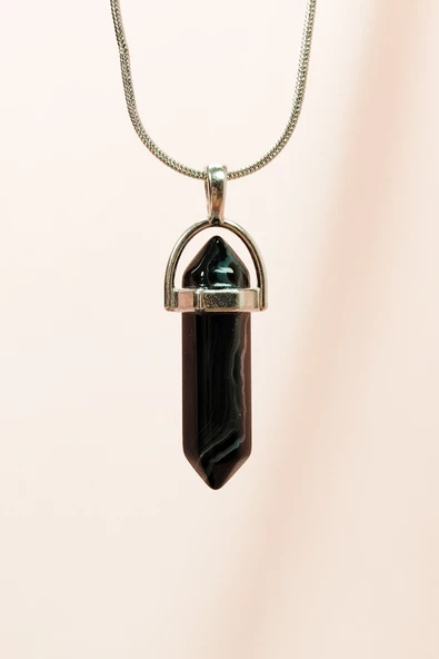 Obsidyen Doğal Taşı Zincirli El Yapımı Tasarımlı Kolye Uç: 3,5 cm Zincir: 20 cm Kutulu - 1