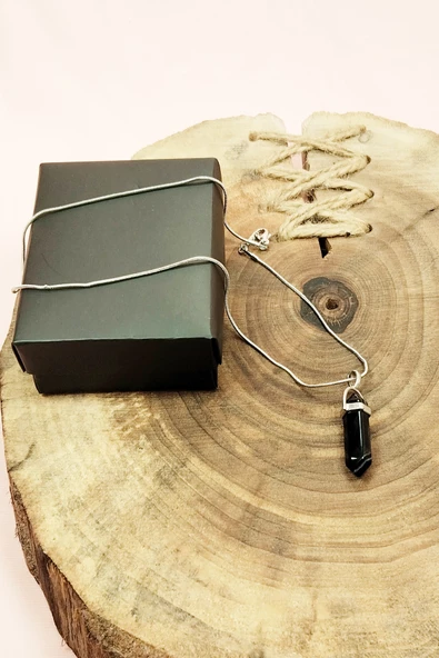 Obsidyen Doğal Taşı Zincirli El Yapımı Tasarımlı Kolye Uç: 3,5 cm Zincir: 20 cm Kutulu - 4
