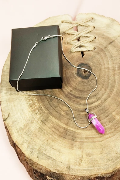 Pembe Akit Doğal Taşı Zincirli El Yapımı Tasarımlı Kolye Uç: 3,5 cm Zincir: 20 cm Kutulu - 4