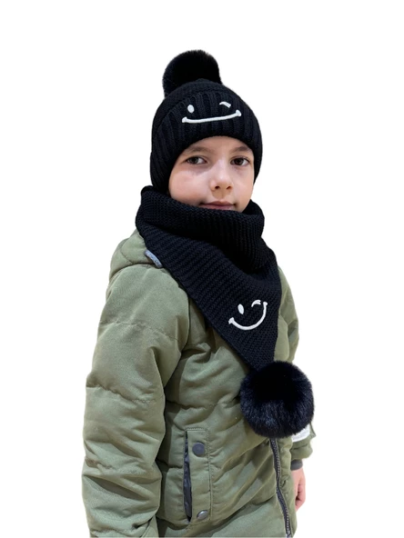Benittokids Çocuk Gülen Yüz Detaylı Bere Atkı Takımı 7016 - 4