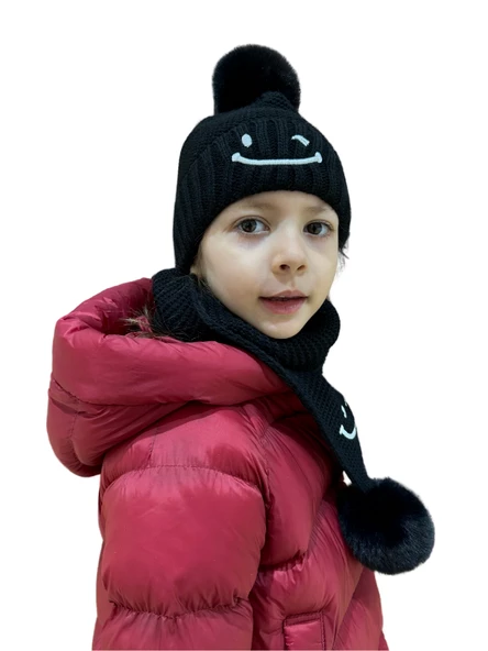 Benittokids Çocuk Gülen Yüz Detaylı Bere Atkı Takımı 7016 - 5