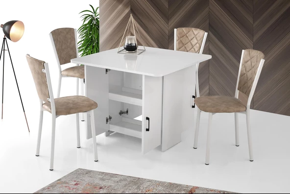 Erezoğulları Mobilya İzmir Beyaz Katlanır Dolaplı Mutfak Masası 80x90cm - Resim 2