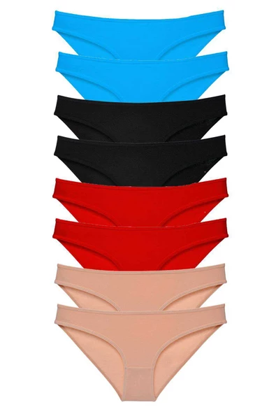 8 adet Süper Eko Set Likralı Kadın Slip Külot Siyah Kırmızı Ten Mavi ürün görseli