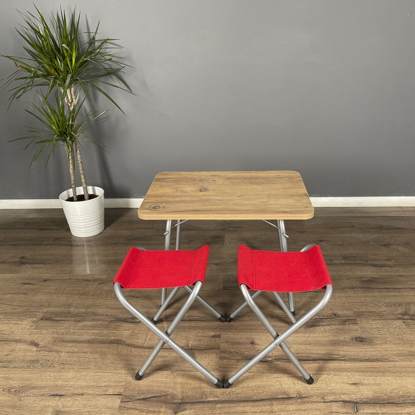 Minimo Kırmızı Katlanır 2 Adet Tabure 1 Adet 45x60 Katlanır Masa Kamp Balıkçı Piknik Takımı