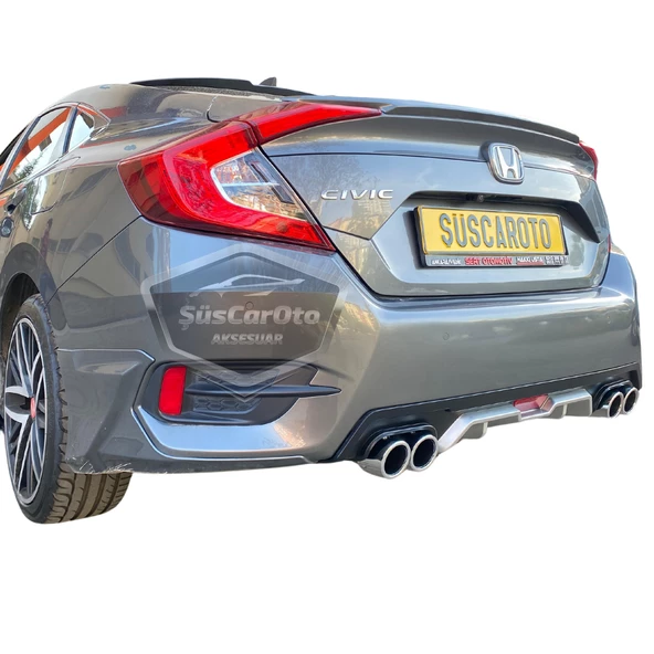 Honda Civic FC5 2016-2021 Araca Özel Siyah Gri Arka Difüzör Tırnaklı 4 Yuvarlak Egzoz Çıkışlı Arka Tampon Eki İthal 1.Sınıf - 3