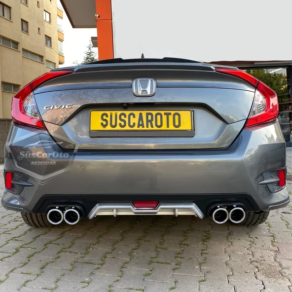 Honda Civic FC5 2016-2021 Araca Özel Siyah Gri Arka Difüzör Tırnaklı 4 Yuvarlak Egzoz Çıkışlı Arka Tampon Eki İthal 1.Sınıf