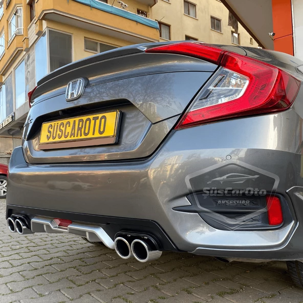 Honda Civic FC5 2016-2021 Araca Özel Siyah Gri Arka Difüzör Tırnaklı 4 Yuvarlak Egzoz Çıkışlı Arka Tampon Eki İthal 1.Sınıf - 2