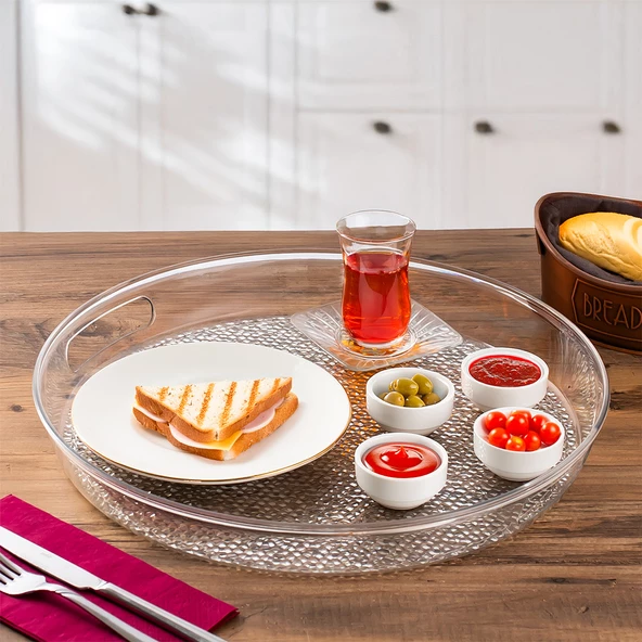Porsima AK-843 Kırılmaz Tepsi Sunum Tepsisi Şeffaf Yuvarlak Tepsi Çay Kahve Ve Sunum Tepsisi 39x39 Cm - 4