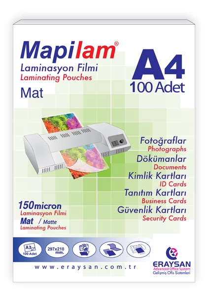 MAPİLAM 150 MİCRON MAT LAMİNASYON FİLMİ (A4) 100 LÜ