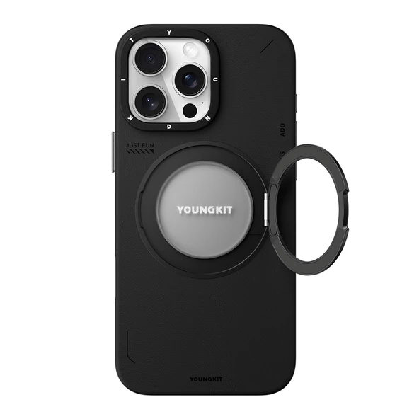 Youngkit Apple iPhone 16 Pro Kılıf Magsafe Şarj Özellikli 360° Standlı Basit Mat Deri Desenli Youngkit Tech Leather Serisi Kapak - Resim 4