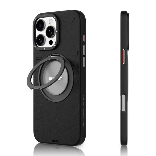 Youngkit Apple iPhone 16 Pro Kılıf Magsafe Şarj Özellikli 360° Standlı Basit Mat Deri Desenli Youngkit Tech Leather Serisi Kapak - Resim 6