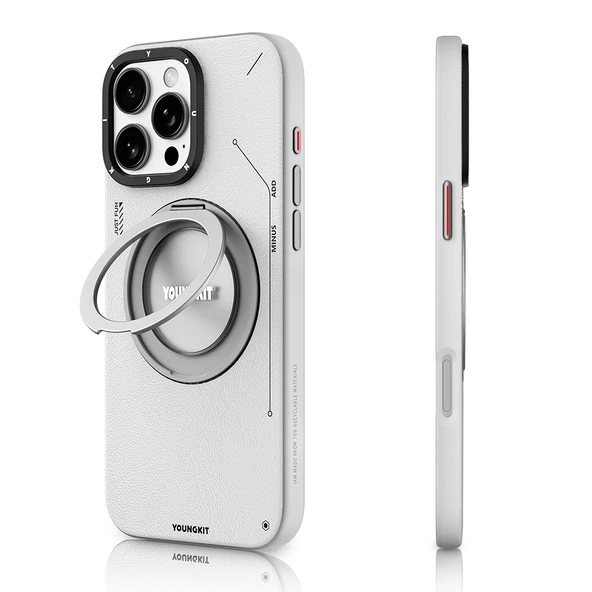 Youngkit Apple iPhone 16 Pro Kılıf Magsafe Şarj Özellikli 360° Standlı Basit Mat Deri Desenli Youngkit Tech Leather Serisi Kapak - Resim 9