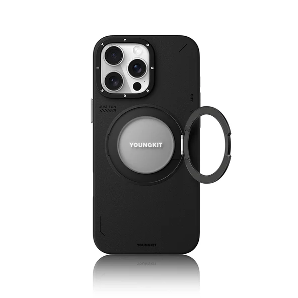 Youngkit Apple iPhone 16 Pro Kılıf Magsafe Şarj Özellikli 360° Standlı Basit Mat Deri Desenli Youngkit Tech Leather Serisi Kapak - Resim 8