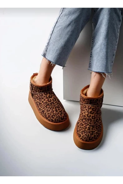 Bayan Taba Leopar Süet Şık Trend Kar Botu