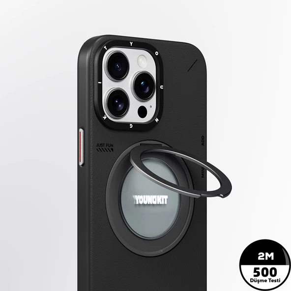 Youngkit Apple iPhone 15 Pro Max Kılıf Magsafe Şarj Özellikli 360° Standlı Basit Mat Deri Desenli Youngkit Tech Leather Serisi Kapak - Resim 8