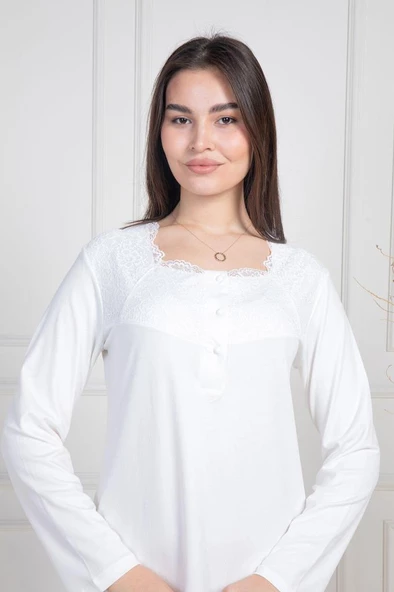 Mecit 6106 Bayan Ekru Büyük Beden Uzun Kollu Gecelik - Resim 4