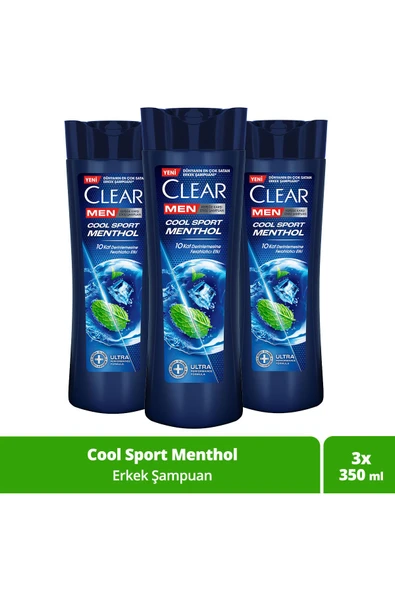 Clear Men Kepeğe Karşı Etkili Şampuan Cool Sport Menthol Ferahlatıcı Mentol Etkisi 350 ml x3