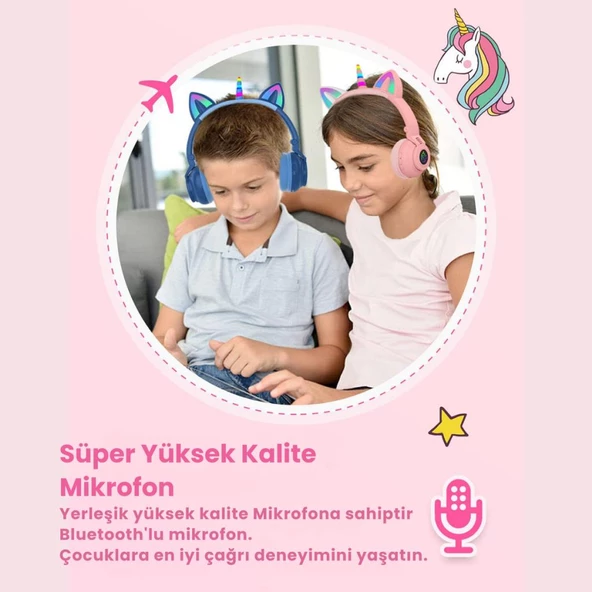 Coofbe Unicorn 94dB Güvenli Ses Kontrollü Yumuşak Kulak pedli Bluetooth Kulaklık Bluetooth Çocuk Kulaklığı - 2