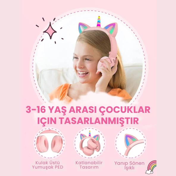 Coofbe Unicorn 94dB Güvenli Ses Kontrollü Yumuşak Kulak pedli Bluetooth Kulaklık Bluetooth Çocuk Kulaklığı - 10