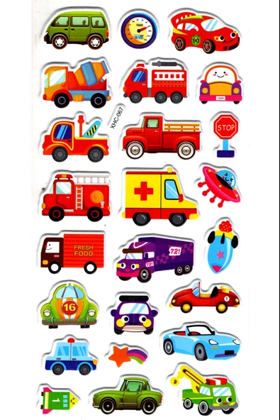 Sticker Kabartmalı Stiker Çıkartma Etiket (XHC067)-18x9 cm- Sevimli Arabalar