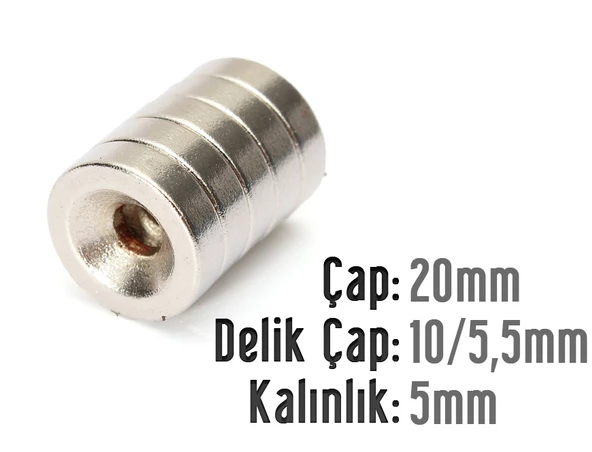 Neodyum Mıknatıs Yuvarlak Havşalı Çap 20mm (delik 10/5.5mm) Kalıklık 5mm 2 Adet