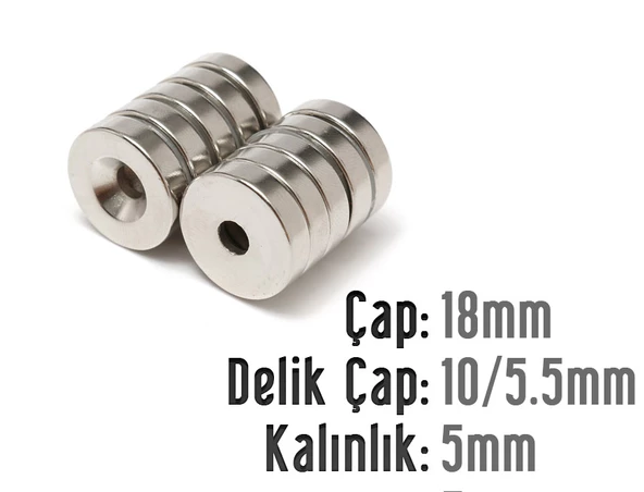 Neodyum Mıknatıs Yuvarlak Havşalı Çap 18mm (delik 10/5.5mm) Kalıklık 5mm 2 Adet