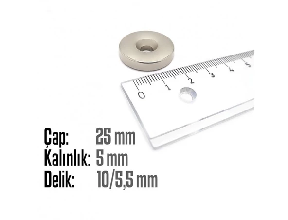 Neodyum Mıknatıs Yuvarlak Havşalı Çap 25mm (delik 10/5.5mm) Kalıklık 5mm 2 Adet - 2
