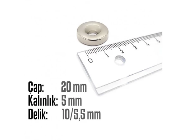 Neodyum Mıknatıs Yuvarlak Havşalı Çap 20mm (delik 10/5.5mm) Kalıklık 5mm 2 Adet - 2