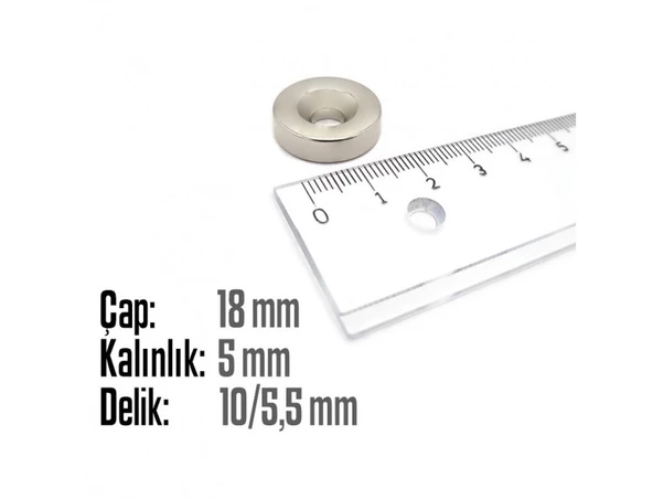 Neodyum Mıknatıs Yuvarlak Havşalı Çap 18mm (delik 10/5.5mm) Kalıklık 5mm 2 Adet - 2