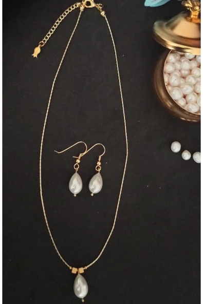 Mayorka İnci 24k Altın Kaplama Tasarım Kolye Küpe Set - 2