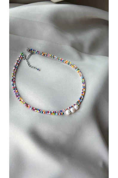 Renkli Kum Boncuk Gerçek İnci VIP Tasarım 2li Kolye Kombin Renkli ürün görseli