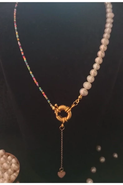 24k Altın Kaplama Gerçek İnci Dümen Kapama Dekolte Detay Sedef Kalp Tasarım Kadın Kolye Renkli ürün görseli