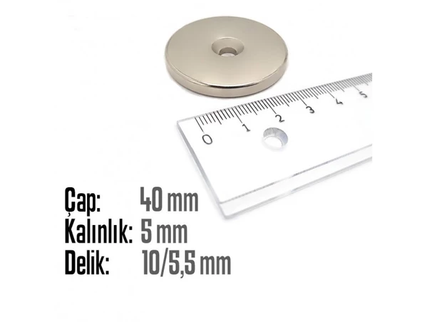 Neodyum Mıknatıs Yuvarlak Havşalı Çap 40mm (delik 10/5.5mm) Kalıklık 5mm 1 Adet - 2