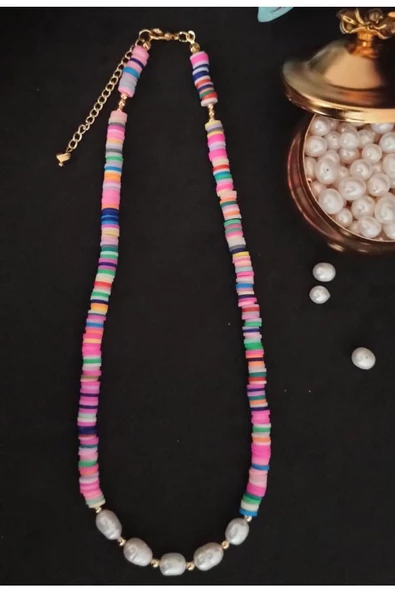 24k Altın Kaplama Fimo Detay Gerçek İnci Tasarım Kolye Renkli ürün görseli