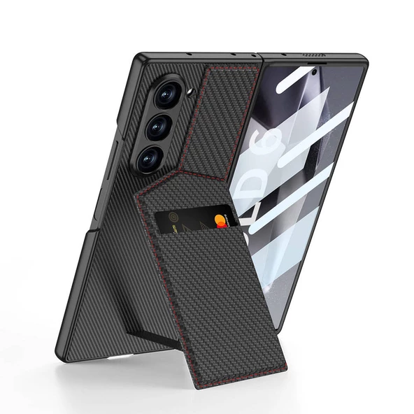 Samsung Galaxy Z Fold 6 Kılıf Karbon Fiber Kartlıklı Kıpta Dik Açılan Kartlıklı Kapak