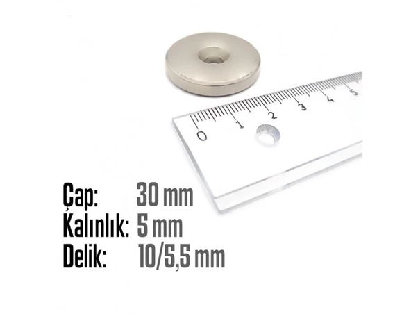 Neodyum Mıknatıs Yuvarlak Havşalı Çap 30mm (delik 10/5.5mm) Kalıklık 5mm 1 Adet - 2