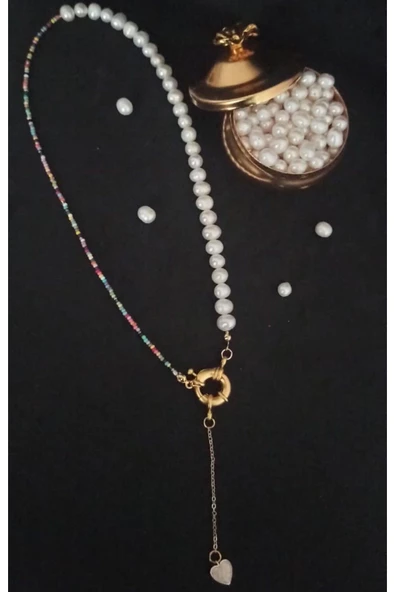 24k Altın Kaplama Gerçek İnci Dümen Kapama Dekolte Detay Sedef Kalp Tasarım Kadın Kolye Renkli - Resim 3