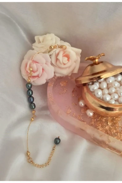 24k Altın Kaplama Gerçek Siyah İnci Tasarım Bileklik Siyah Tek Ebat ürün görseli