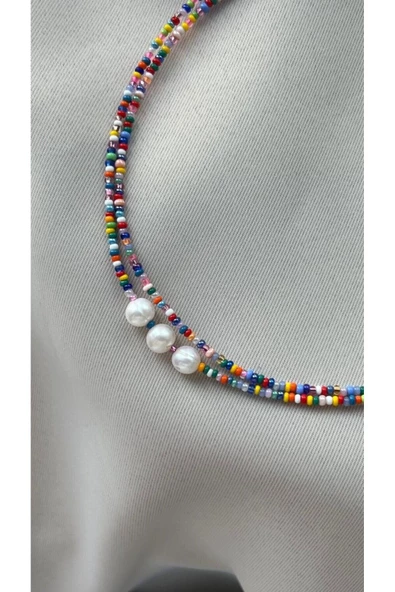 Renkli Kum Boncuk Gerçek İnci VIP Tasarım 2li Kolye Kombin Renkli - Resim 2