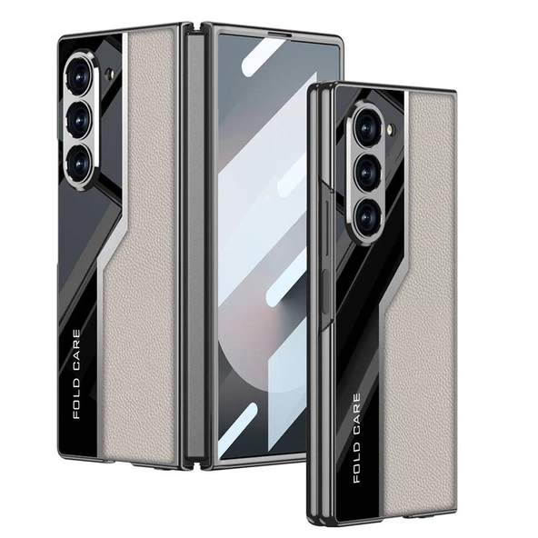 Samsung Galaxy Z Fold 6 Kılıf Ultra İnce Kamera Korumalı PC + Deri Arka Yüzey Kıpta Poligan Kapak