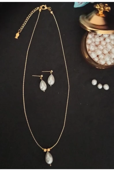 24k Altın Kaplama Gerçek Damla Mayorka Sade Tasarım Kolye Top Küpe Set - 2