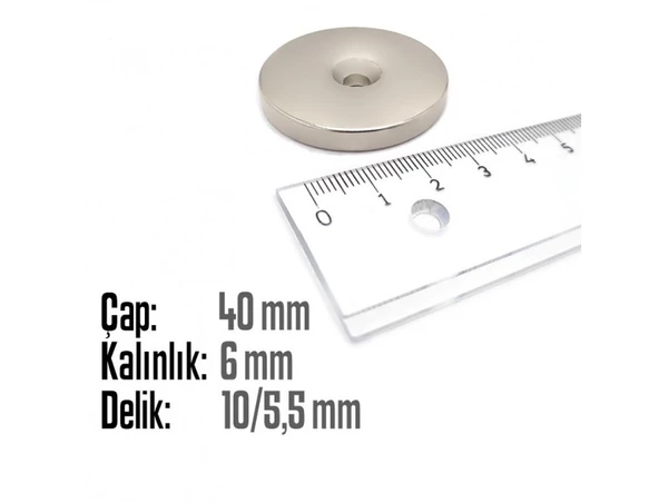 Neodyum Mıknatıs Yuvarlak Havşalı Çap 40mm (delik 10/5.5mm) Kalıklık 6mm 1 Adet - 2
