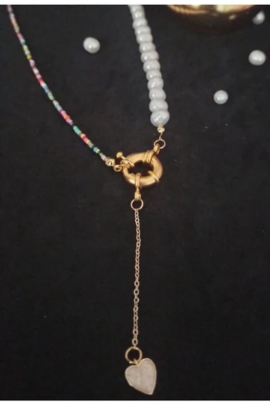 24k Altın Kaplama Gerçek İnci Dümen Kapama Dekolte Detay Sedef Kalp Tasarım Kadın Kolye Renkli - Resim 2