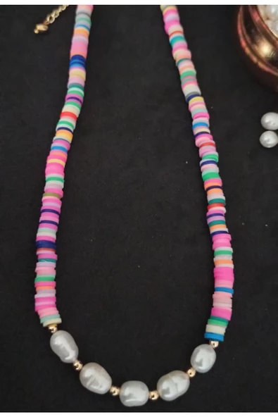 24k Altın Kaplama Fimo Detay Gerçek İnci Tasarım Kolye Renkli - Resim 2