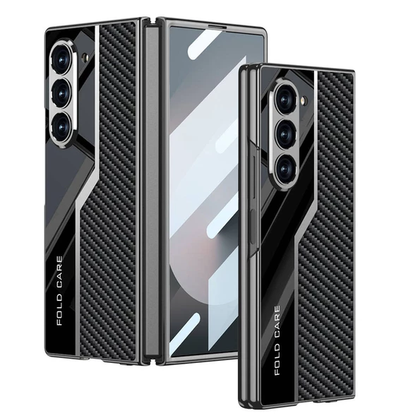 Samsung Galaxy Z Fold 6 Kılıf Ultra İnce Kamera Korumalı PC + Karbon Fiber Tasarımlı Arka Yüzey Kıpta Poligan Kapak