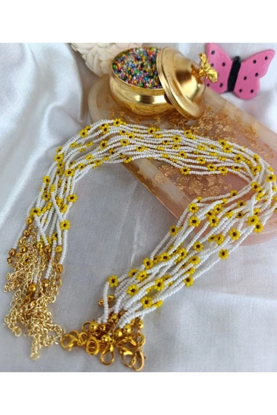 Papatyalı Kum Boncuk Zarif Tasarım Kolye Toptan Beyaz 100 Adet ürün görseli