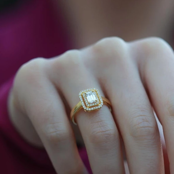 Halo 0,84 Karat Tek Taş Model Gold Kaplama Sky Diamond Yüzük - 3