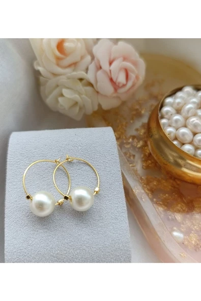 24k Altın Kaplama Cam İnci Halka Küpe Kare Dorikalı beyaz S - 2